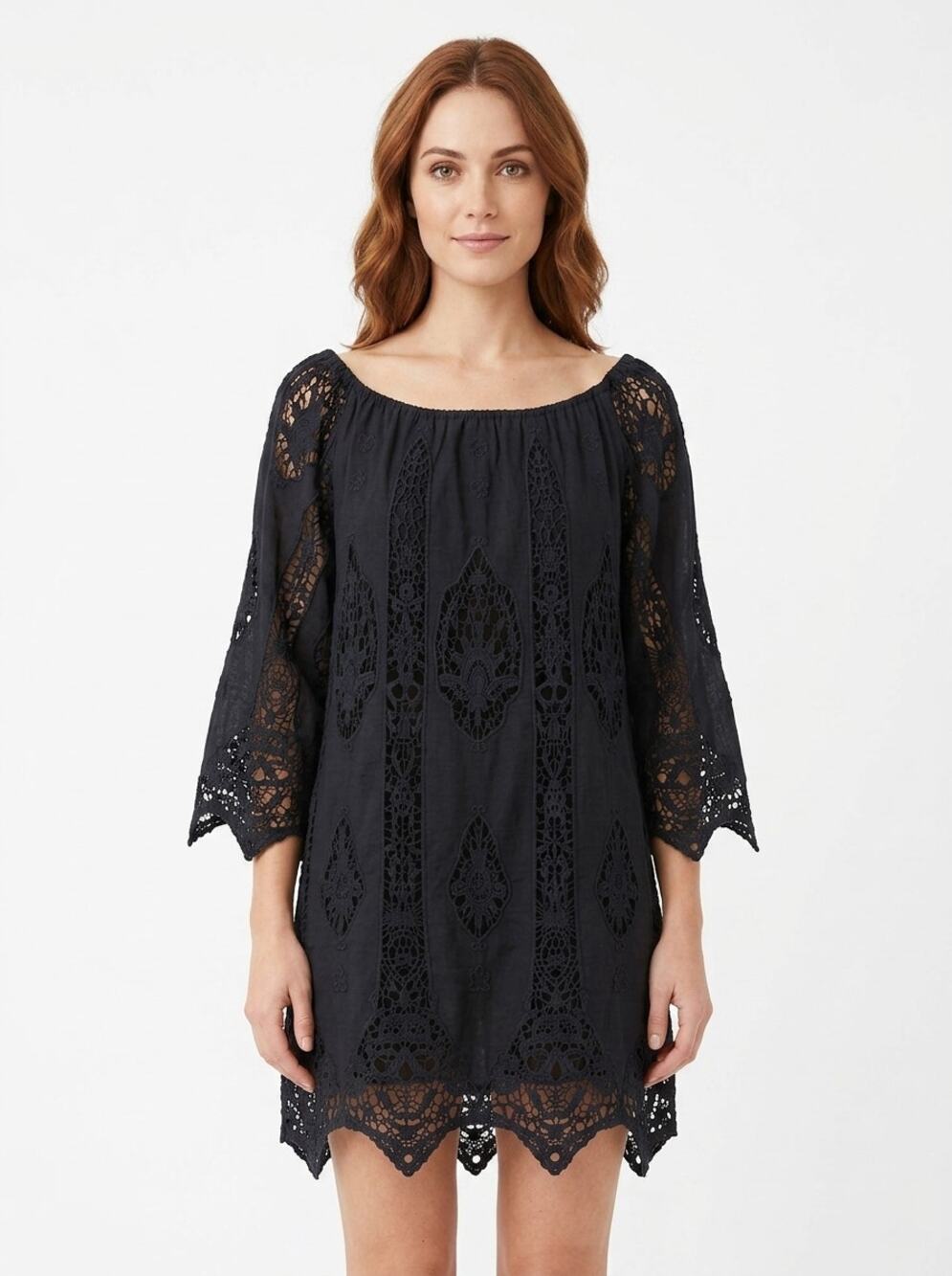 Miguelina Black Crochet Lace Bell Sleeve Off Shoulder Shift Dress Size L